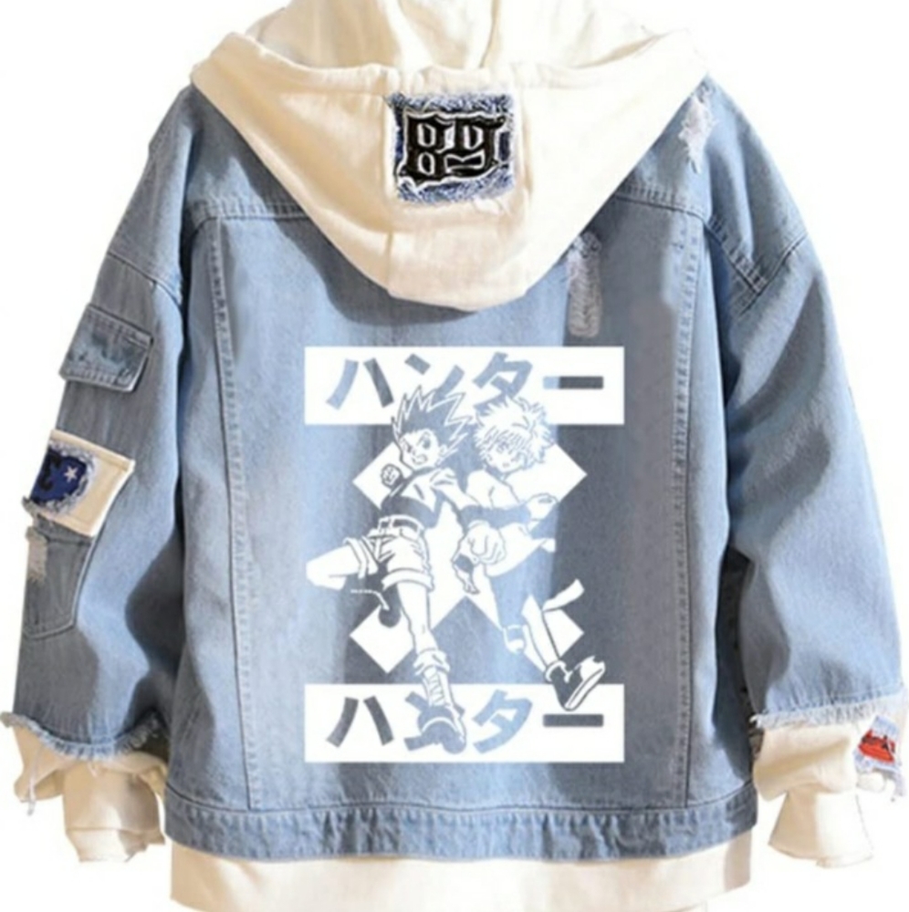 TING ROON ANIME STREETWEAR DENIM JACKET HIP HOP HOODED LONG SLEEVE MEN'S SZ 2XL